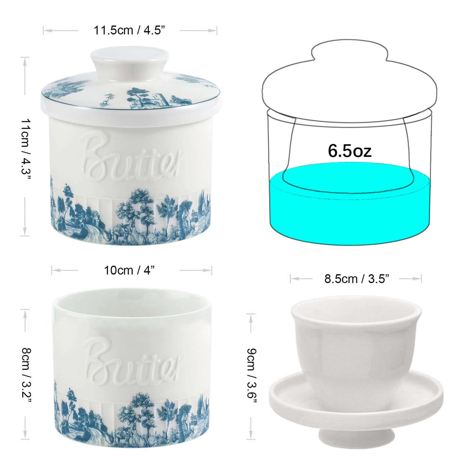 Mantequera para mostrador con agua, plato de mantequilla francés, recipiente para mantequilla, plato de mantequilla de agua, porcelana azul y blanca, 10 x 10 x 8 cm