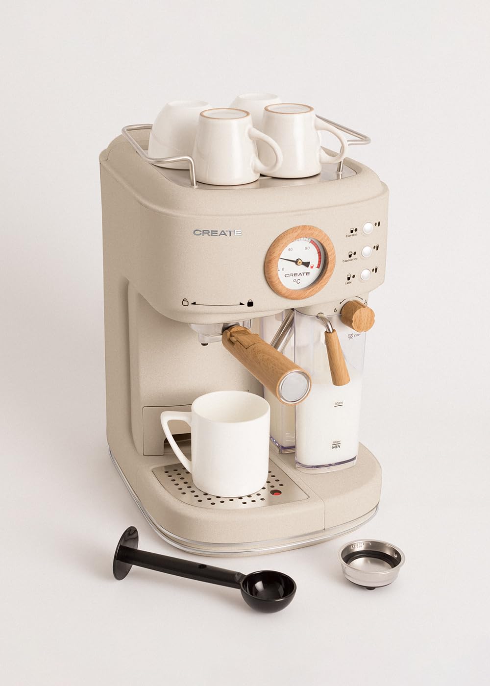 CREATE / THERA RETRO PRO/Caffettiera Express semiautomatica Sabbia / 20 bar, serbatoio latte, vassoio antigoccia, due uscite, capacità 1,5 l, per caffè macinato, 1250 W