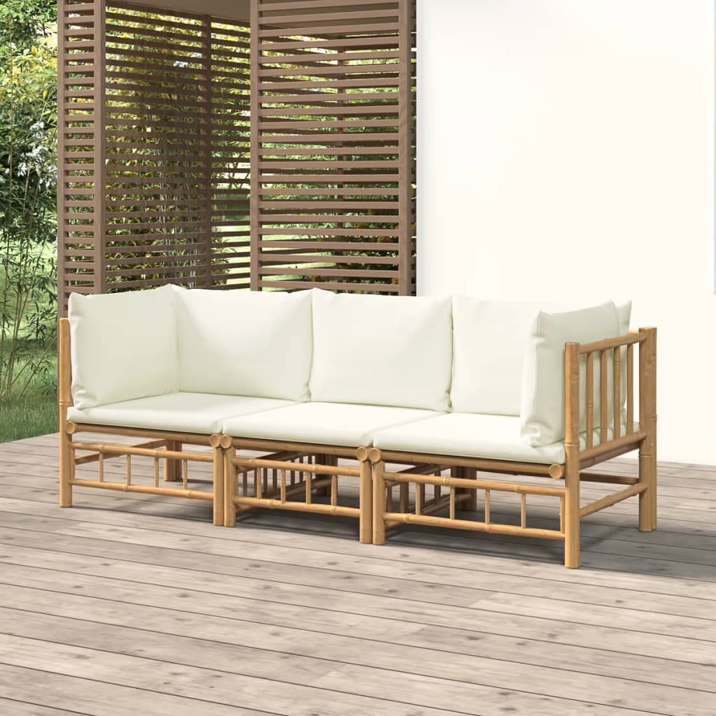 Salon de jardin en bambou haut de gamme et ses grands coussins crème