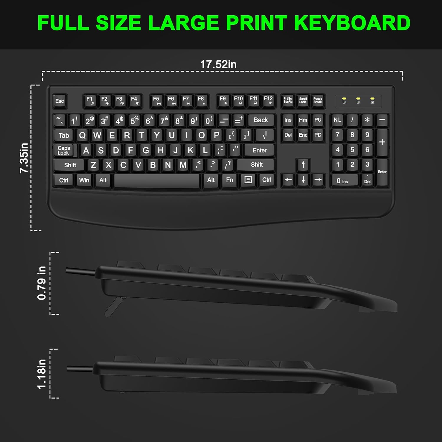 QUASIO Large Print Ergonomic Keyboard, Full Size Keyboard with Wrist Rest, Silent Wired USB Computer Keyboard Oversized Letter Keys 4X Larger Easy to See & Type for Laptop, PC, Windows, Desktop