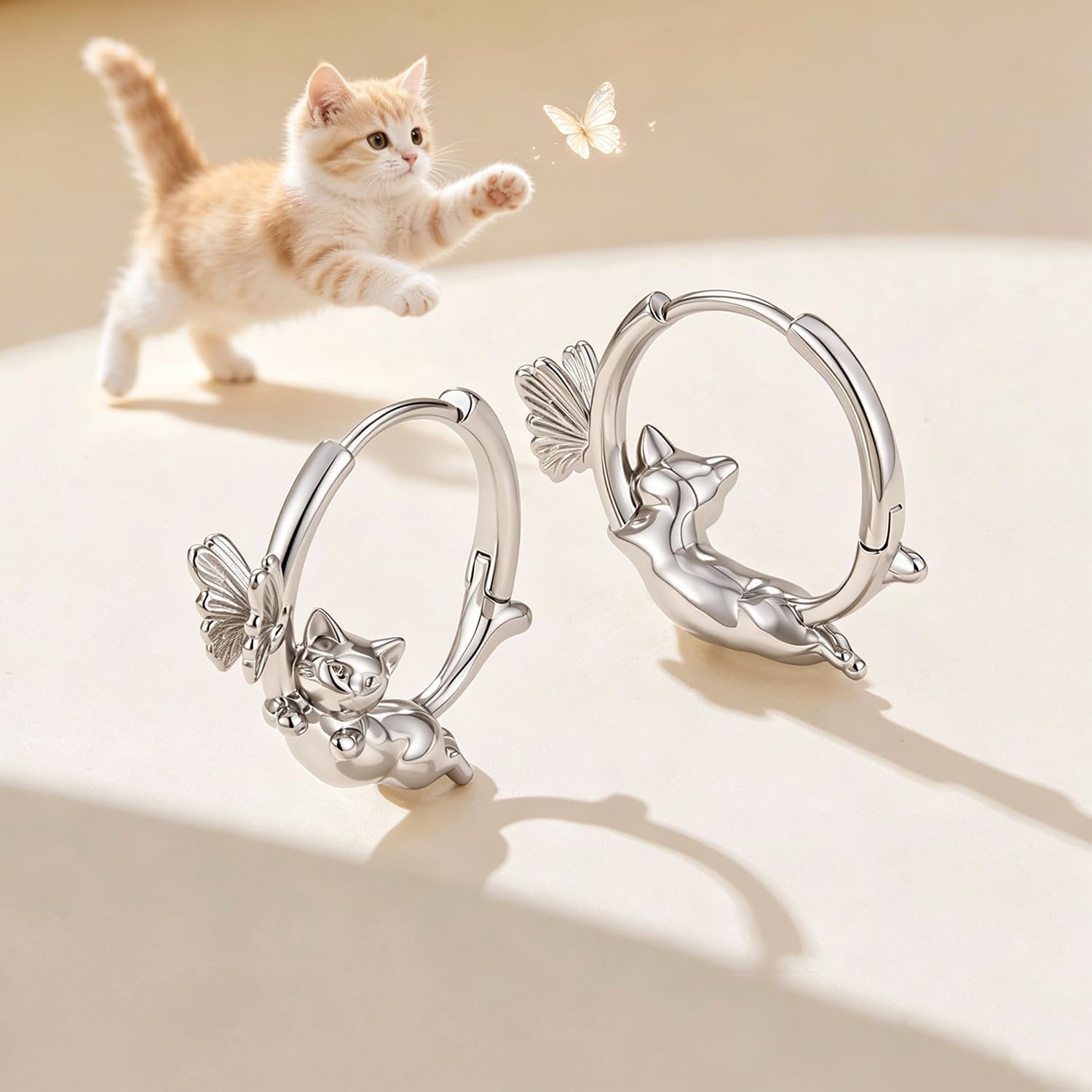 Silver Cat Hoop Earrings for Women Butterfly Huggies Earrings Cat Gifts image 2