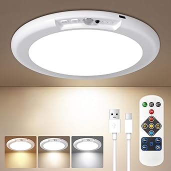 Ktpugorn Rechargeable Motion Sensor Ceiling Light with Remote, No Wiring Closet Light Battery Operated Ceiling Lights, Dimmable Timing Magnetic Rechargeable Shower Lamp for Bathroom Hallway Pantry Wardrobe