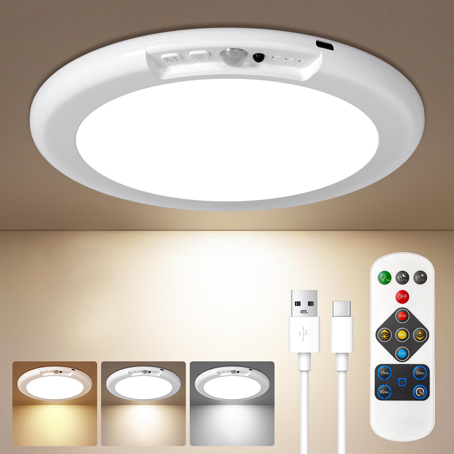 Rechargeable Motion Sensor Ceiling Light with Remote, No Wiring Closet Light Battery Operated Ceiling Lights, Magnetic Rechargeable Shower Lamp for Hallway Pantry Wardrobe-image-21