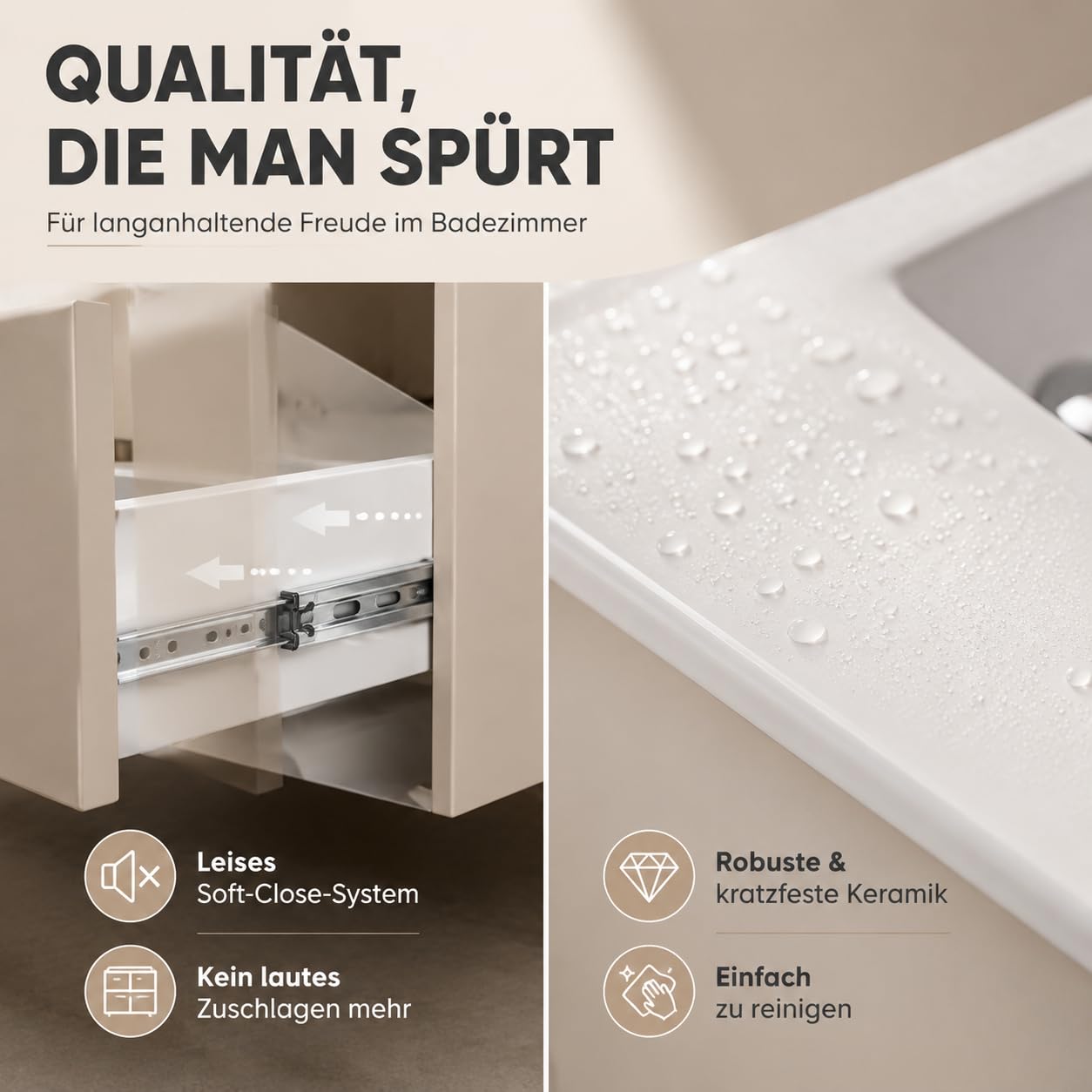 Waschbecken mit Waschtischunterschrank CALPE Breite, wandhängend mit Schubladen, Keramikwaschbecken, Farbe: Kaschmir Beige, Matt (Kaschmir, 80)