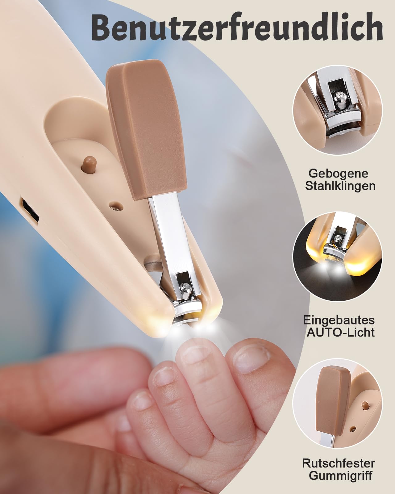 Lictin Baby Nagelfeile Elektrisch, Elektrische Nagelfeile mit 6 Schleifkopf, 25 in 1 Baby Nagelset mit LED Licht, Nagelpflegeset Elektrisch für Babys, Kleinkind, Erwachsene, USB Laden, Khaki