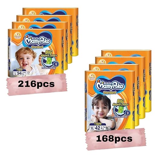 MamyPoko Standard Tape Diapers Large, 216 Pieces (4 Packs)