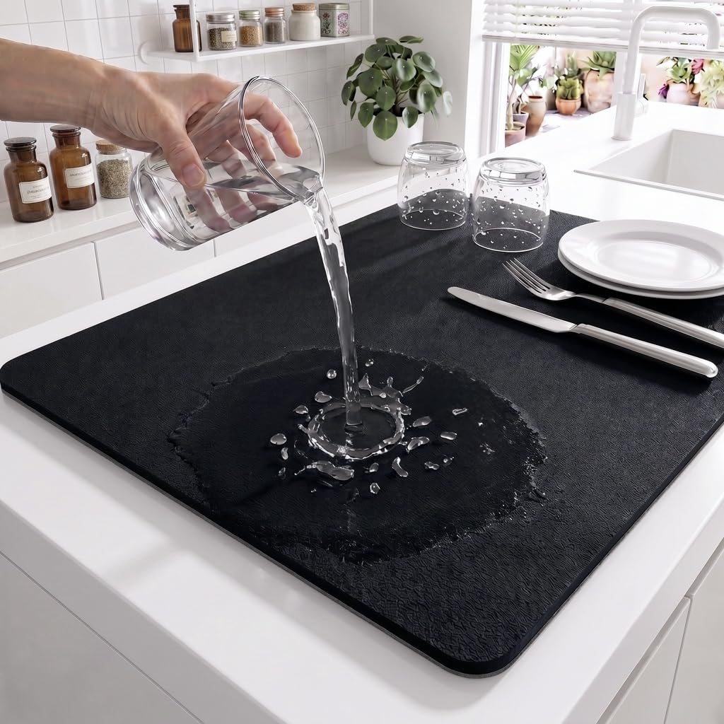 Dish Drying Mat for Kitchen, Large 40 x 60 cm Water Absorbing Mat for Kitchen, Super Absorbent Non-Slip Dish Drainer & Vessel Drying Mat, Coffee Mat, Drain Mat for Kitchen Utensils, Black-image-14