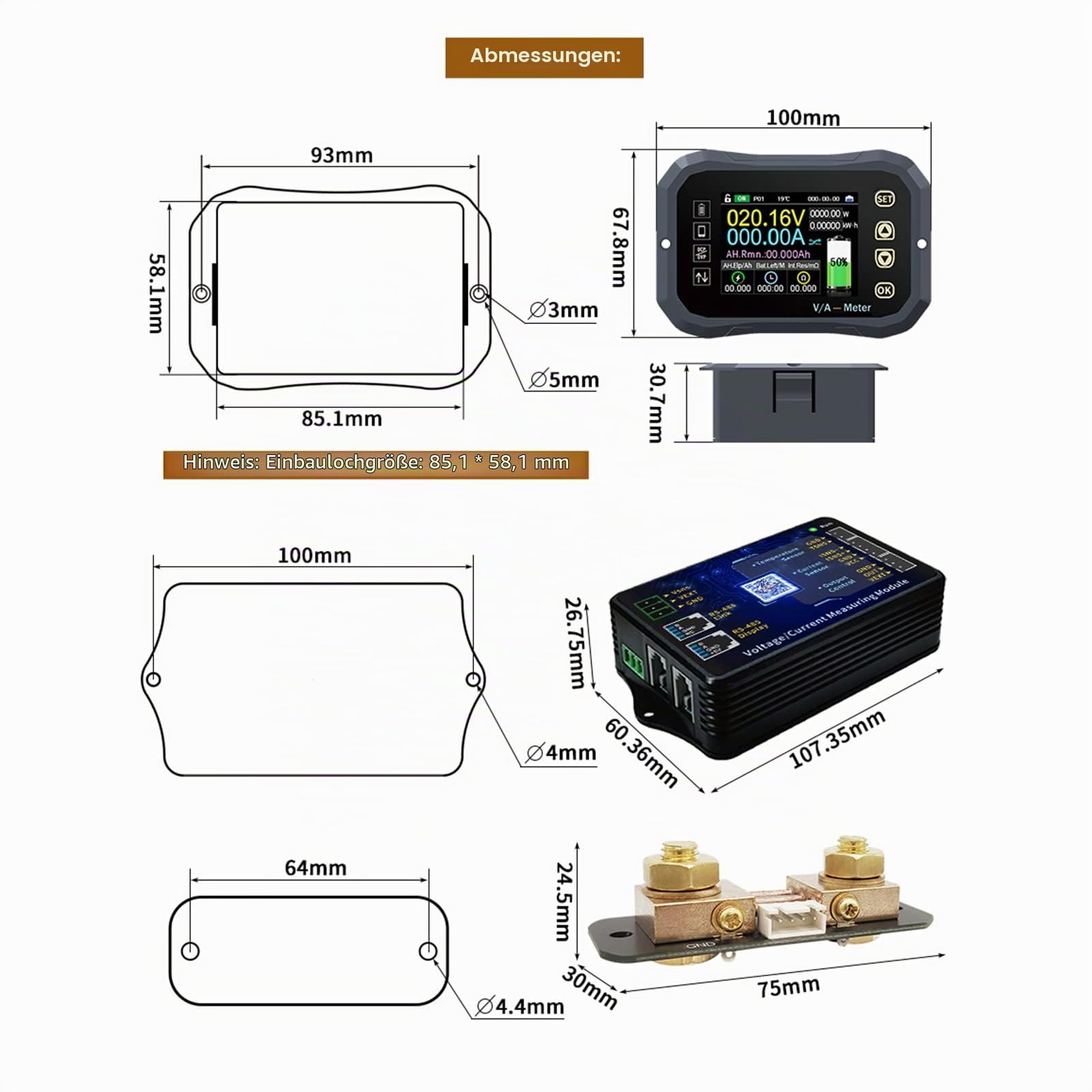 Drahtloser Batteriewächter – Mutifunction 0–120 V Batteriespannung/Coulomb/Amperemeter/Strommesser, mit mobiler Bluetooth-Steuerung für Caravan RV Eisen-Li-Batterie (0-400A)