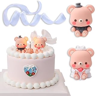 Wedding Cake Topper Set – Black Tuxedo Bear, WhiteWedding Dress Bear, 40cm White Ribbon – Elegant Bridal Decorations for Wedding Cakes