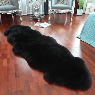 Large Sheepskin Rug Genuine Thick and Lush 3 Inch Pile,Luxury Australian Pelts |Large Sheepskin Wool Area Rugs (Double Pelt 2'6" x 6'6",Black)