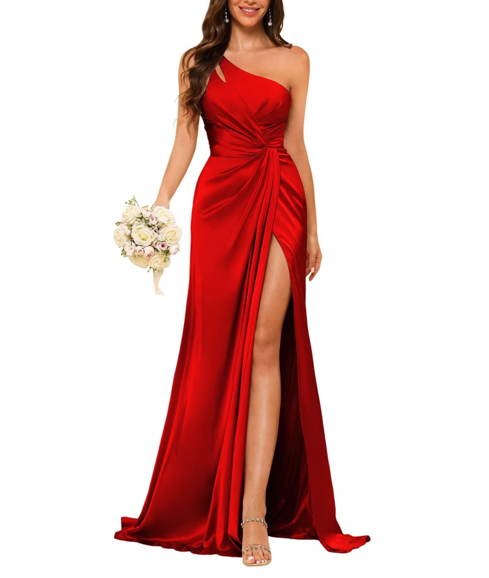 HUINI Satin Brautjungfernkleider - Lang Meerjungfrau EIN-Schulter Elegant Ballkleid mit Schlitz