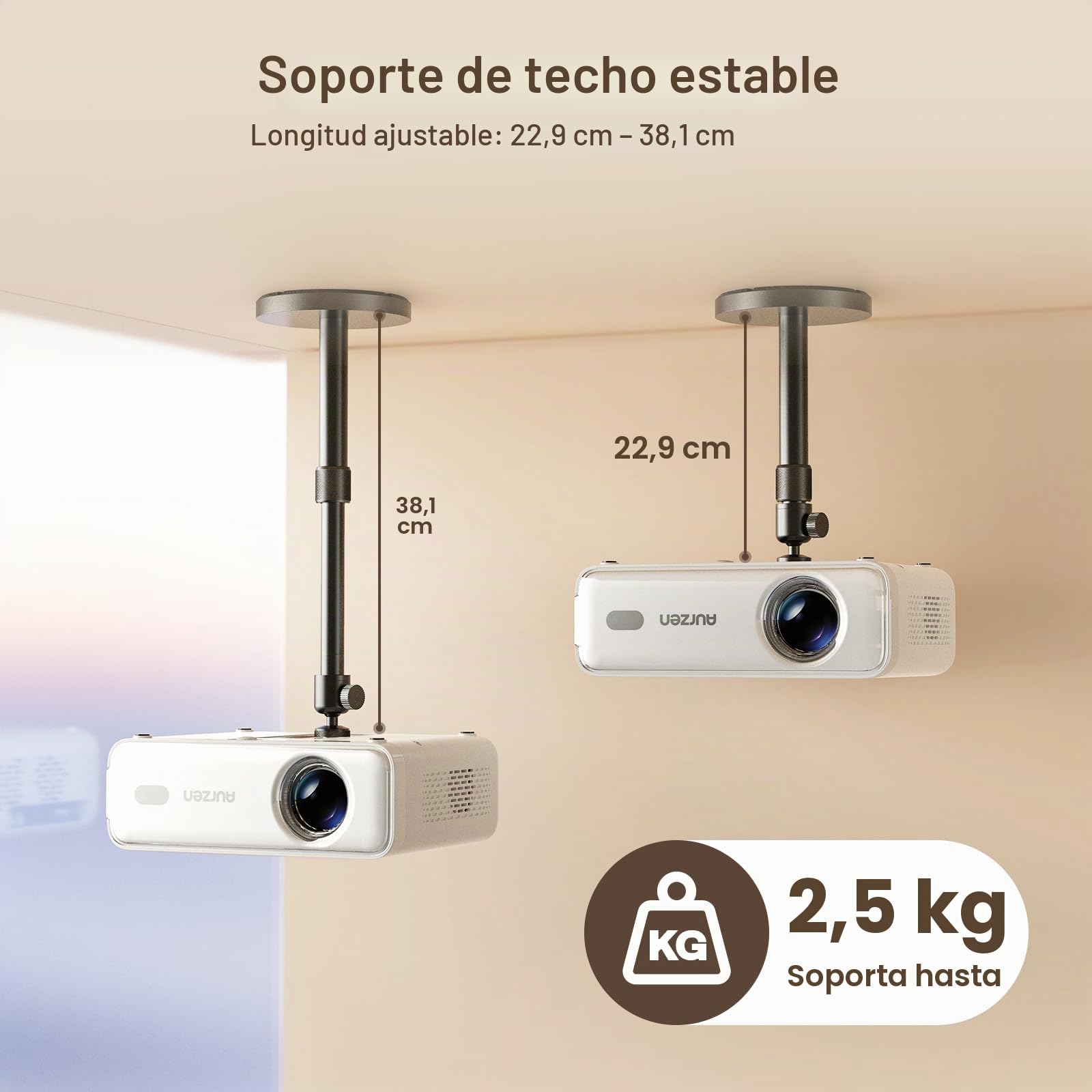 Aurzen Soporte de Techo para proyector, Giro de 360° e inclinación de 90° | Ajustable de 9 a 15", rosca de 6,35 mm, compatible con la mayoría de los proyectores, incluidos Aurzen, Epson y Yaber.