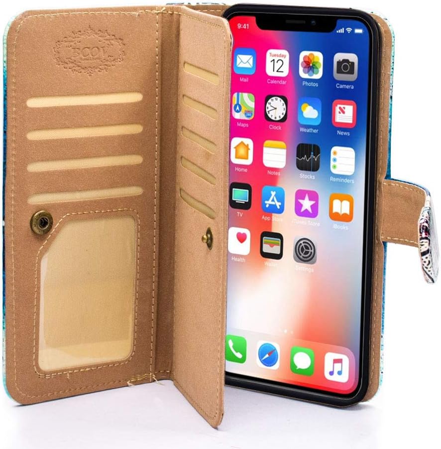 Bcov iPhone XR Wallet Case, Pink Feathers Flamingos Multifunction Folio Flip Purse Carrying Leather Cover Case with Cash ID Credit Card Slots Holder Money Pocket for iPhone XR