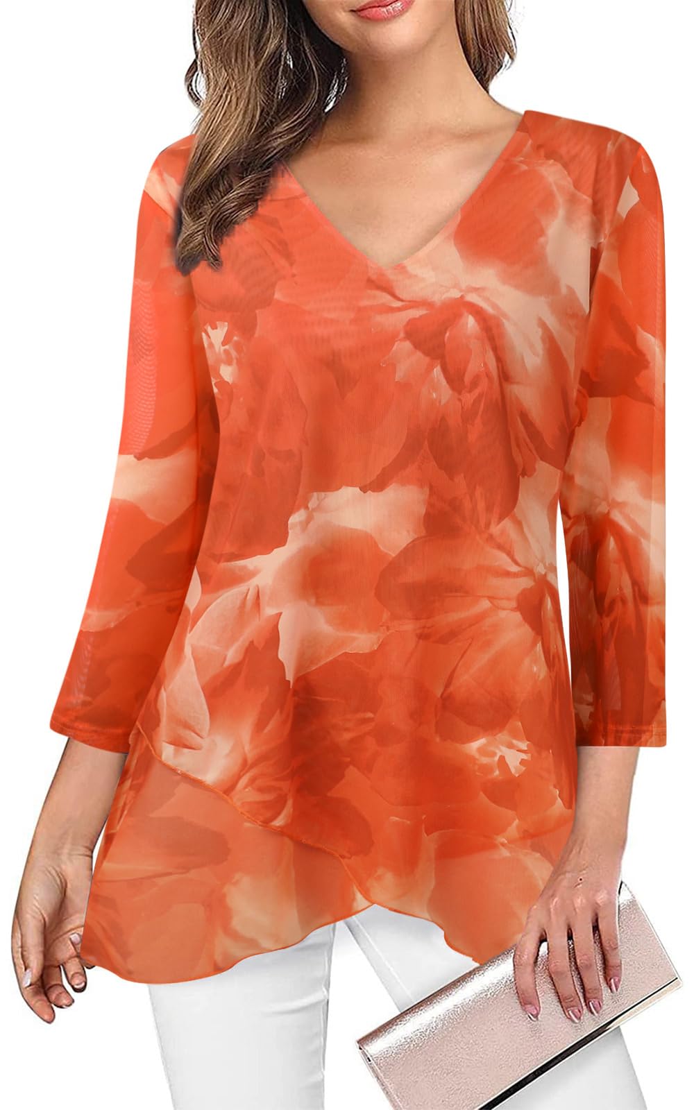 Adigaber Camicie Donna Casual in Chiffon Camicia Elegante di 3/4 Manica a Volant Scollo a V Bluse Leggero Classiaca