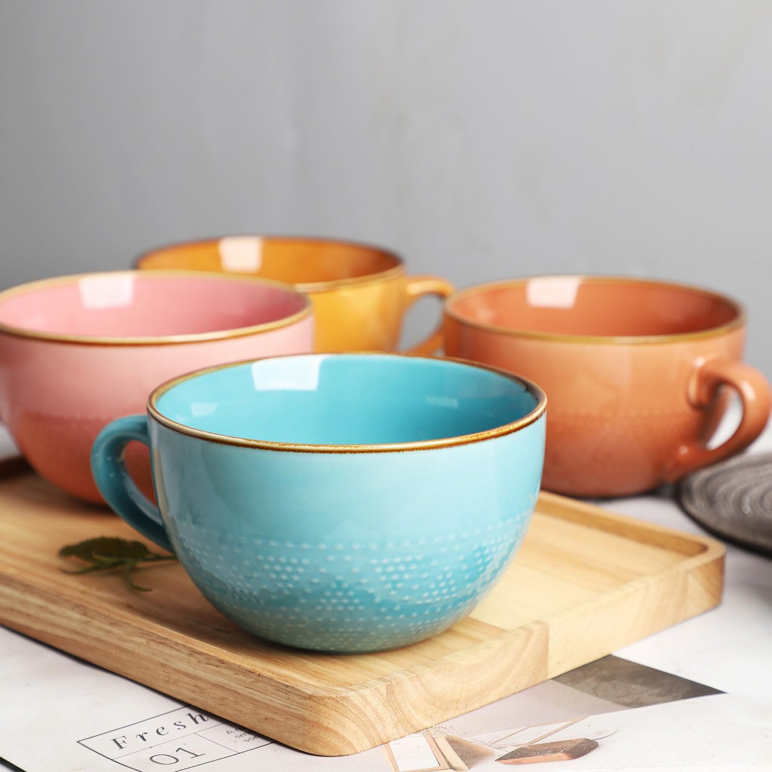 700 ML Large Ceramic Coffee Mug with Spoon，Grain Soup Cup/Coffee Mug/Salad Bowl for Tea, Ice Cream, Cereal (4-piece set)