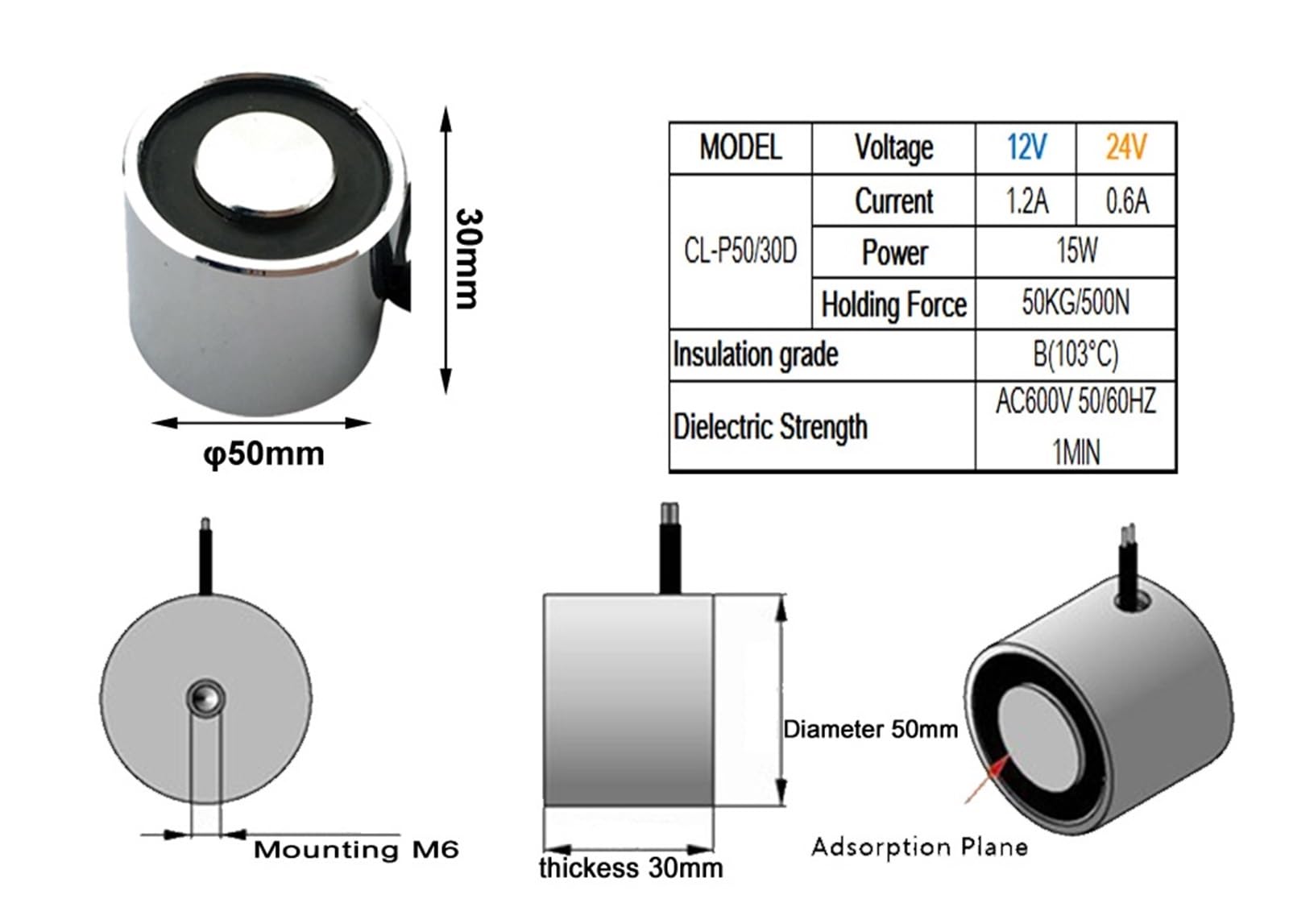 Magnetyczny magnes elektryczny z przyssawką, prąd 50 kg, 500 N, średnica 50 mm x wysokość 30 mm, DC 12 V, 24 V, 1 szt. (24 V)