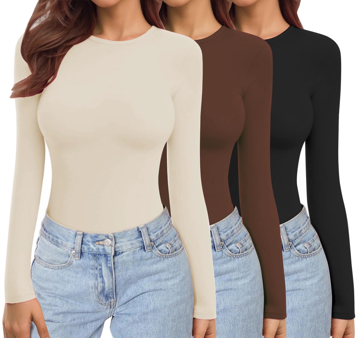 Ekouaer Donna Confezione da 3 Maglie a Maniche Lunghe Girocollo Camicie Termiche Set Elasticizzato Aderente Sottoscrubs Layer Tee XS-XXL
