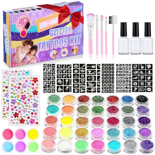 Glitzer Tattoo Set Kinder 41 Farben Glitzertattoos Mädchen 215 Strasssteine 204 Schablonen 3 Kleber 5 Pinsel Wasserfeste Temporäre Tattoos für Kinder Mädchen Party Geschenk für Kinder Weihnachten