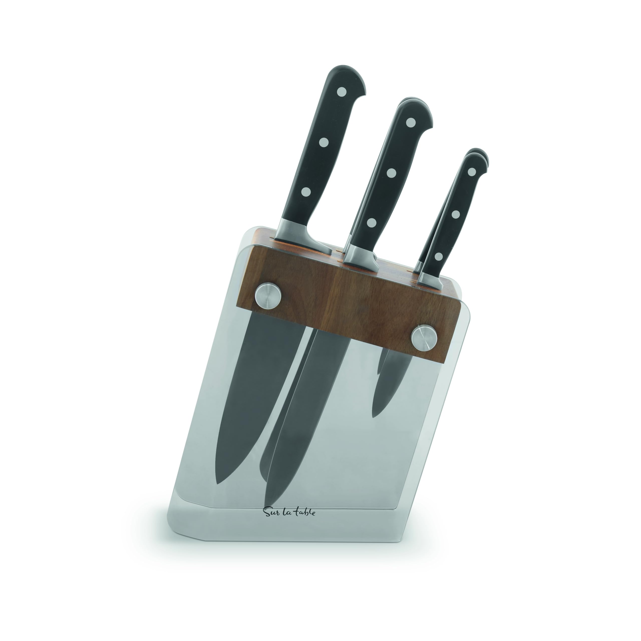 Sur La Table Core 5Pc Knife Set with Block Including Carving, Chefs, Bread, Utility and Paring Knives, High Grade Stainless Steel Blades, Opaque Grey Block with Acacia Wood Accents, SLT851055