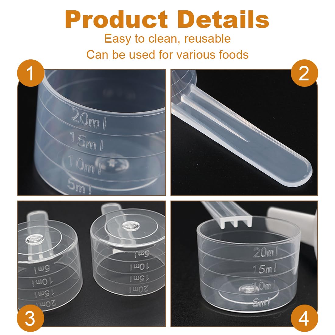 Set di cucchiai dosatori da 100 ml, 80 ml, 70 ml, 60 ml, 50 ml, 40 ml, 20 ml, 10 ml, dosatore per detersivo, plastica trasparente per latte in polvere, detersivo in polvere