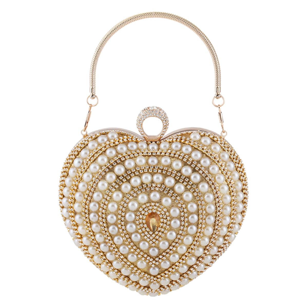 Borsa da Sera Elegante a Forma di Cuore in Poliestere e Metallo Oro Decorata per Matrimonio e Feste, Borsetta da Donna Piccola e Raffinata