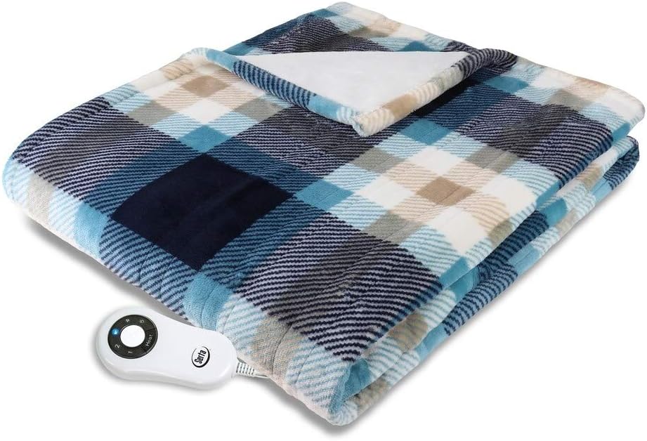 Review Serta Silky Plush Electric Heated Warming Throw Blanket Plaid Blue