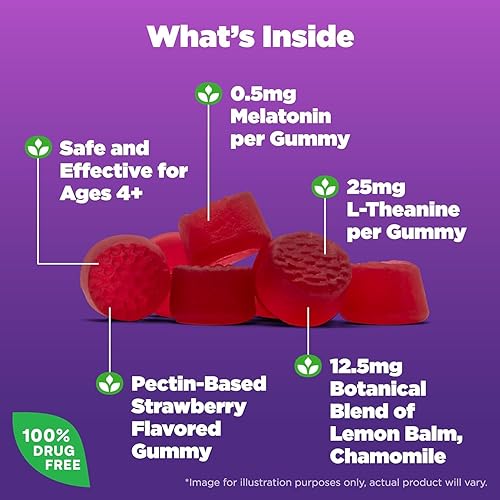 Miniatura 2 de Natrol Kids Sleep+ Calm, melatonina y L-teanina, gomitas de ayuda para dormir con mezclas botanciales, 100% libres de drogas, 60 unidades (paquete