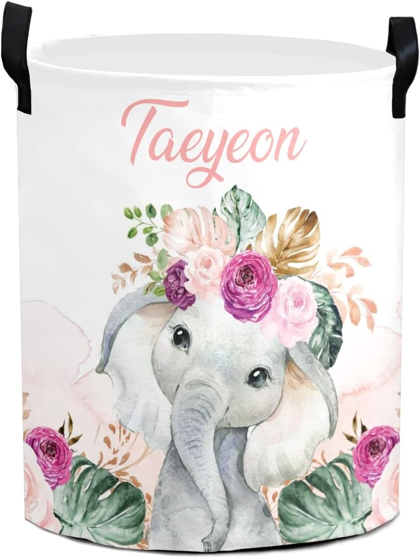 Personalized Watercolor Elephant Pink Purple Flower Waterproof Laundry Basket Handles Collapsible Hamper Storage Basket for Office Bathroom