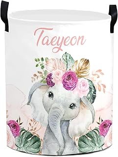 Personalized Watercolor Elephant Pink Purple Flower Waterproof Laundry Basket Handles Collapsible Hamper Storage Basket for Office Bathroom