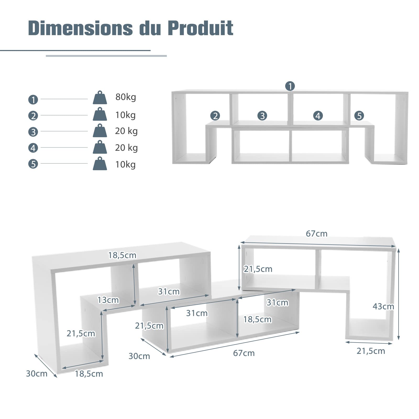 COSTWAY Meuble TV Modulaire 3 Pièces, Meuble Télé Angle Extensible 49 Pouces, Étagère Bibliothèque Bois 135x30x43cm Blanc