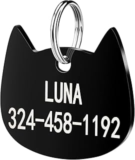 Aiseel, Cute Custom Pet ID Tags, Cat Tag Personalized Engraved Name and Phone Number - Cat Shapes Stainless Steel ,Black or Sliver