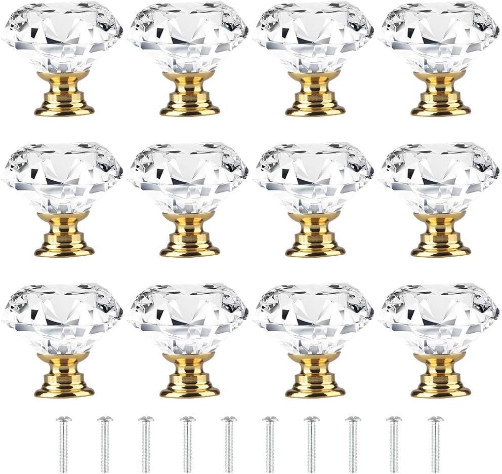 Tomorotec Elegant Crystal Diamond-Shaped Glass Drawer Pulls - Set of 12 with Golden Base and Screws, 1.2 inch/30mm - Ideal for Kitchen, Bathroom, Dresser and Wardrobe Cabinets