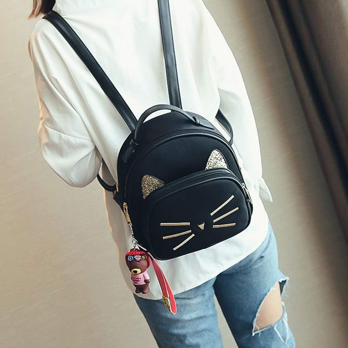 Teen Girls Cute Cat Mini Backpack Velvet Daypack Portable Shoulder Bag