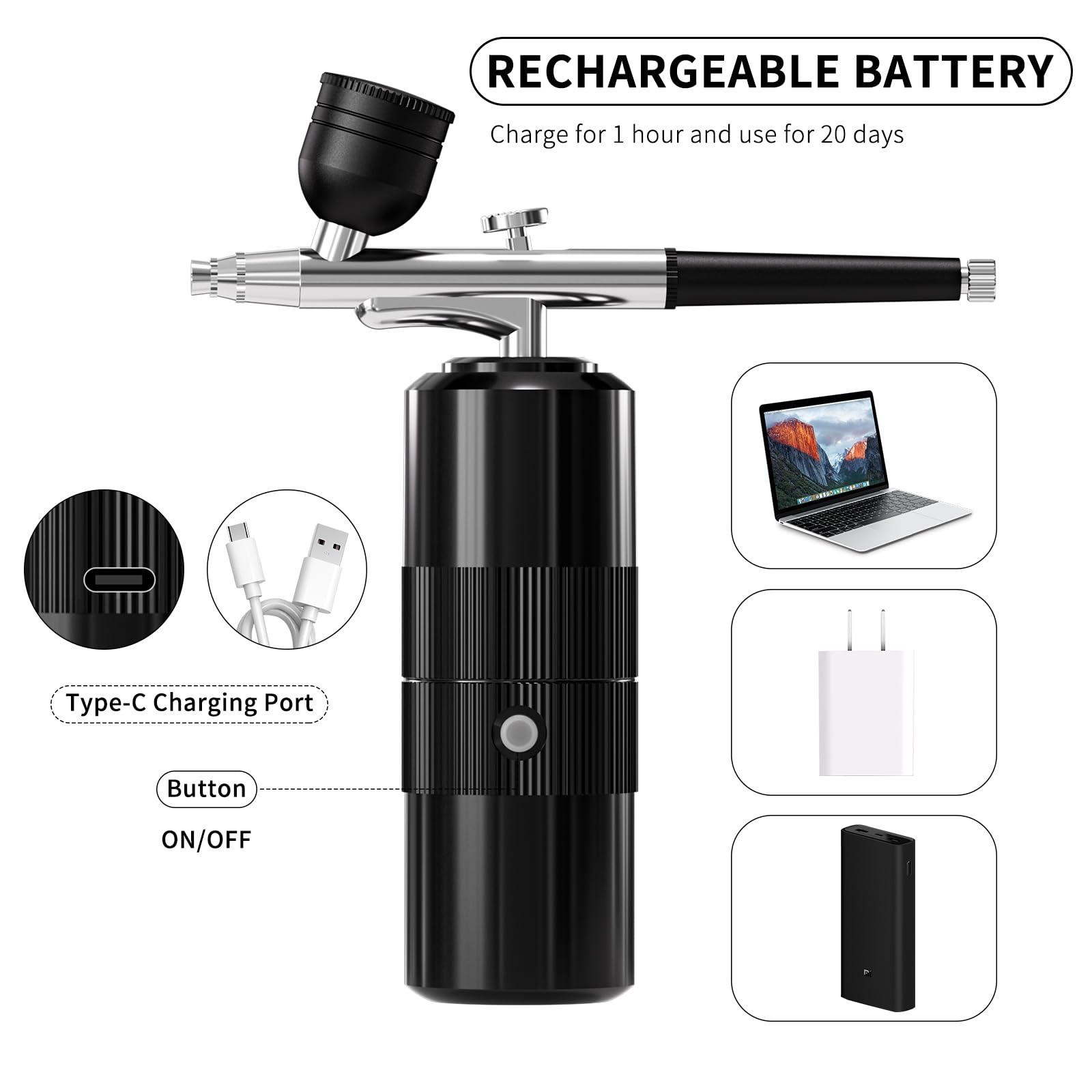 Airbrush-Set mit Kompressor, tragbares Airbrush-Set, 48 PSI, Hochdruck-Luftbürsten-Set, kabellos, wiederaufladbar, mit 0,3 mm Düse und Reinigungsbürste für Malerei, Nagelkunst, Make-up (schwarz)