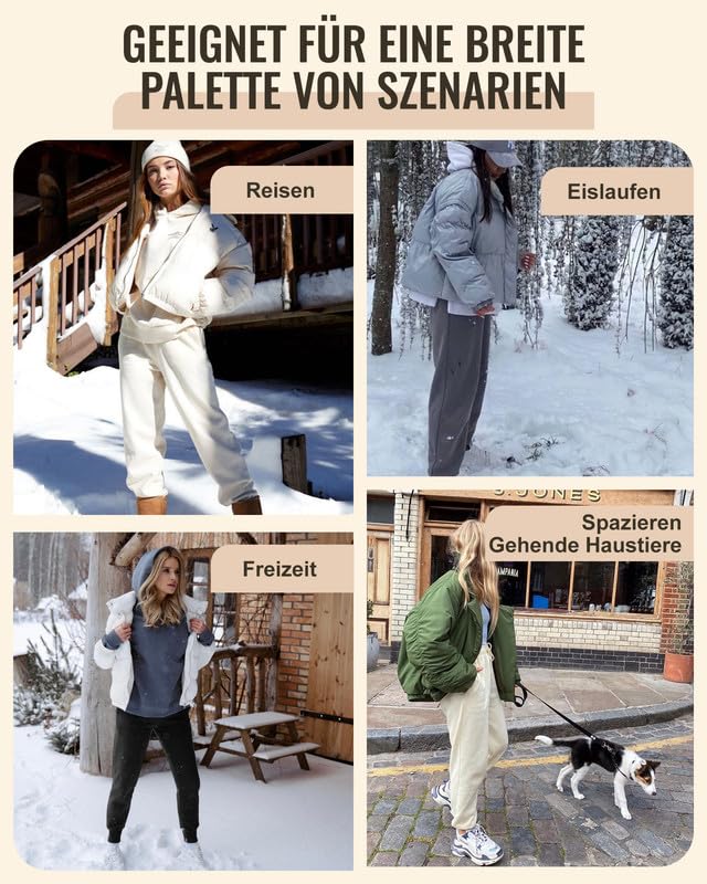 Warme Jogginghose Damen Gefütterte mit 2 Taschen Kordelzug Winter Fleece High Waist Lange Sportleggins Trainingshose Freizeithose Sweathose Schwarz M