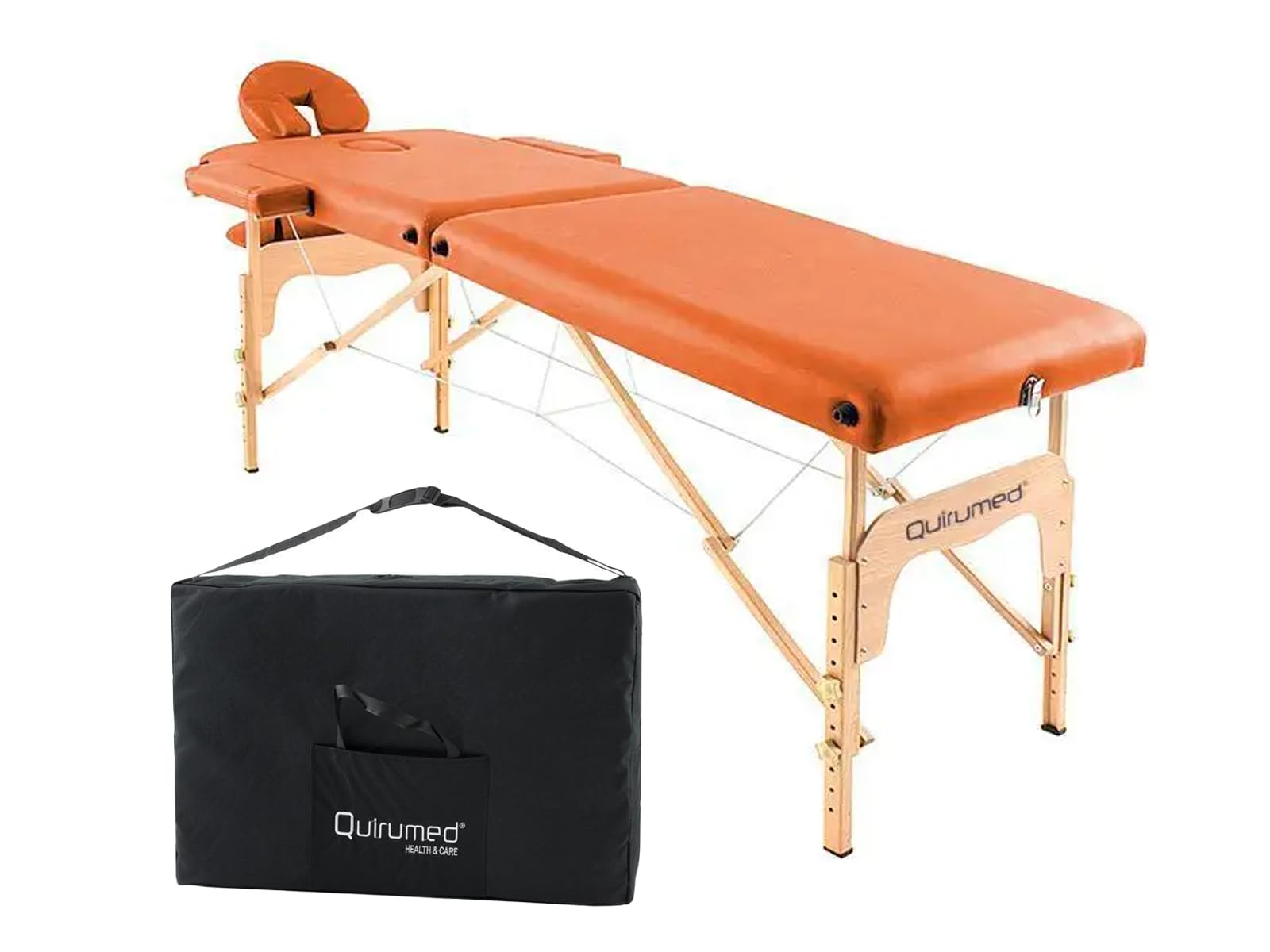 QUIRUMED Camilla de Masaje Plegable de Madera Easy, Color Naranja, 186 x 66 cm, Mesa de Masaje, Masaje Fisioterapia, Polipiel, Cabezal articulado, Altura Regulable, 2 cuerpos