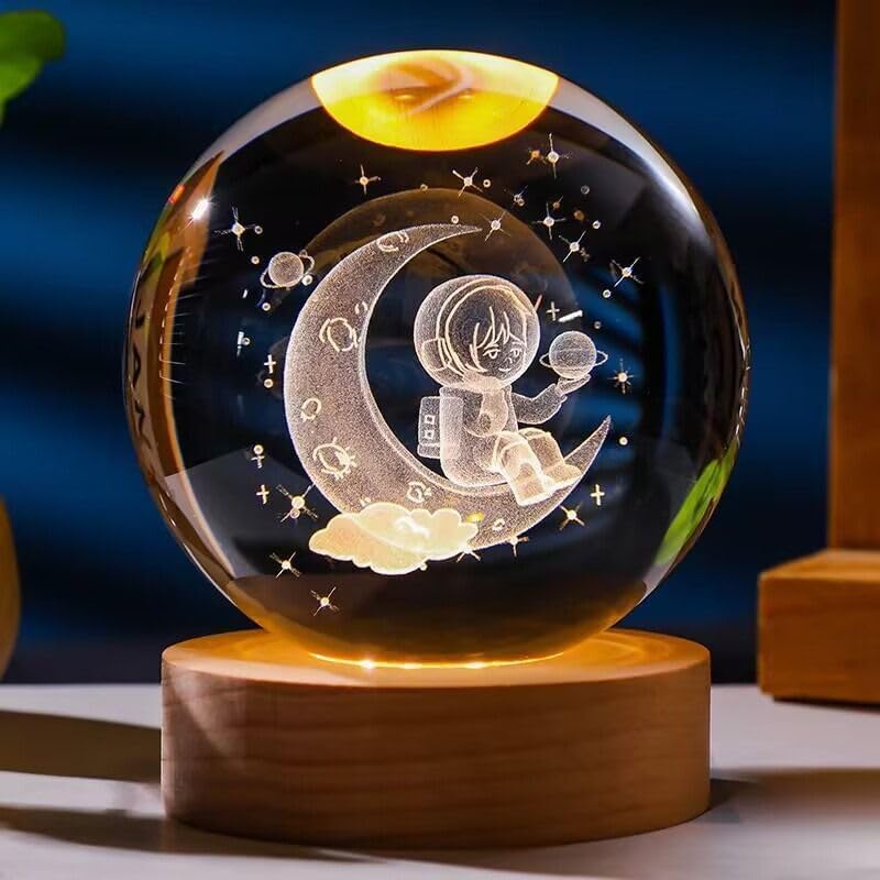 Image of 3D Galaxy Crystal Ball Night Lamp,Solar System, USB Table Colorful LED Wooden Crystal Ball for Home Decoration Birthday Gift for Teens Boys and Girls (Astro with Moon)
