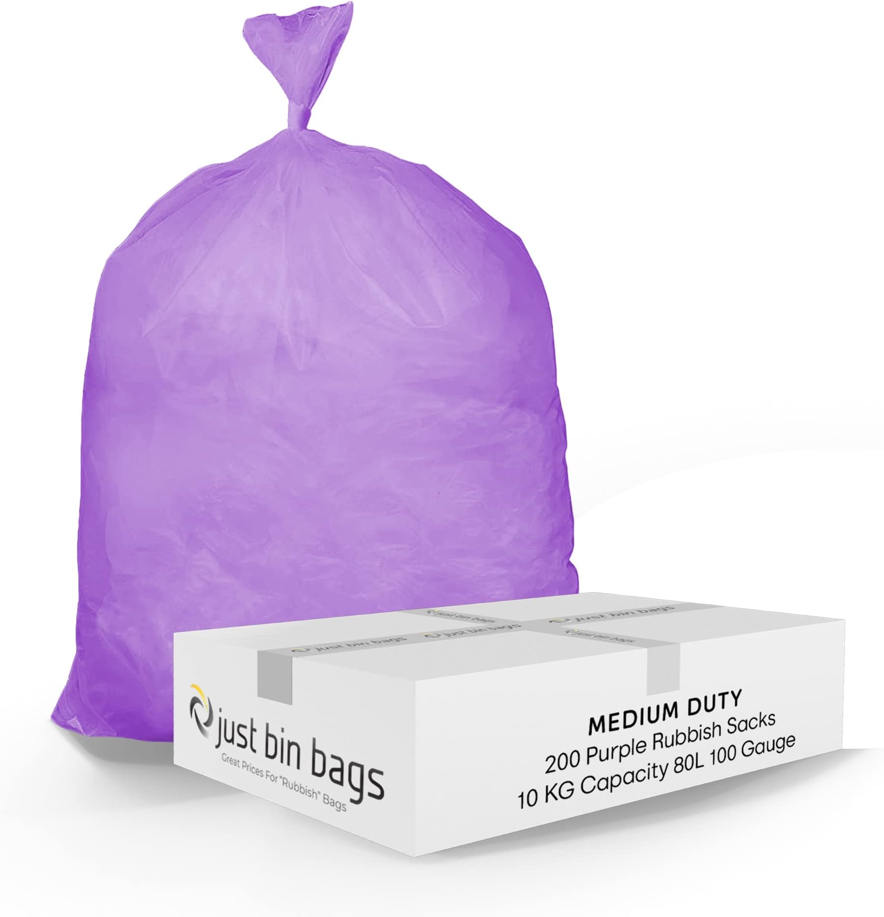 Rubbish Bags 80l Medium Duty Coloured Refuse Sacks Bin Liners - 100 Gauge, 25 Micron, Weight Capacity 10kg - 45cm x 72cm x 97cm (200 Bags) - Purple