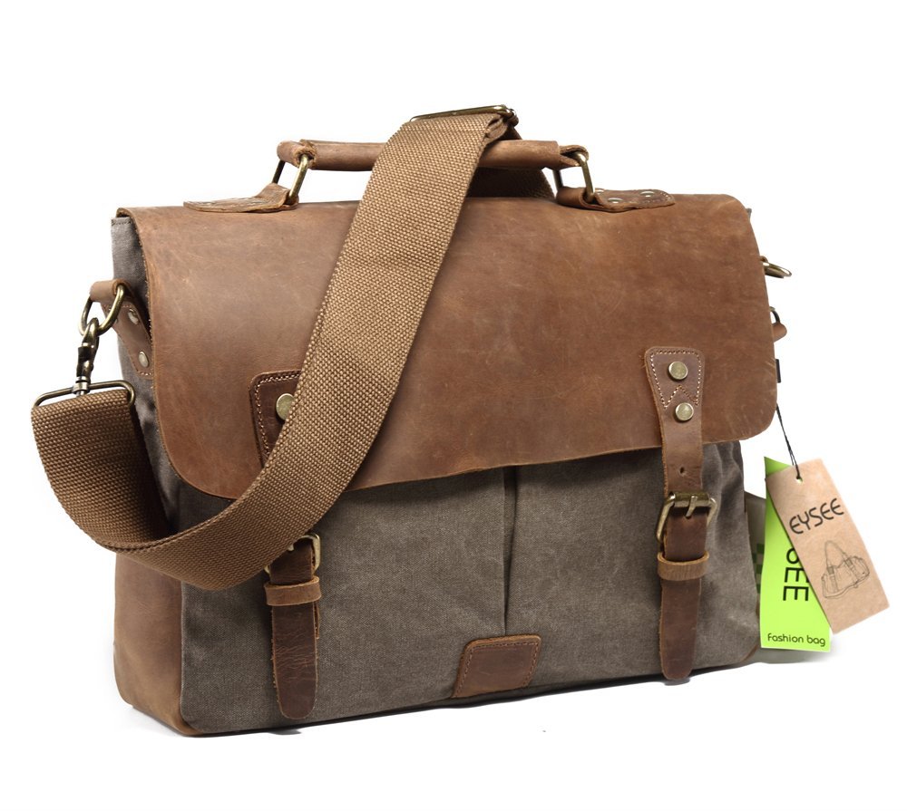Aktentasche Herren Canvas mit Echtleder, Laptop tasche Retro Schultertasche für 14 Zoll Laptop