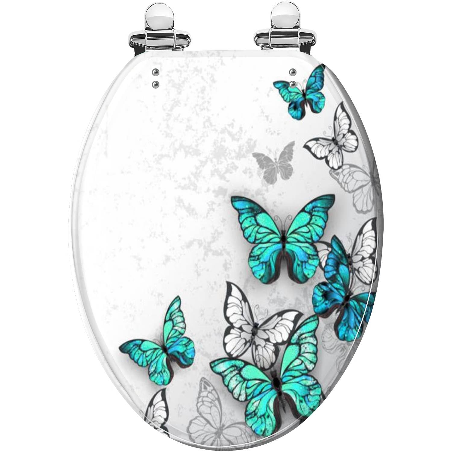 Elongated Toilet Seat Turquoise Blue white butterflies Resin Toilet Seat with Quietly Close Quick Release Hinges Decorative Toilet Seat with Cover Easy to Clean and Install
