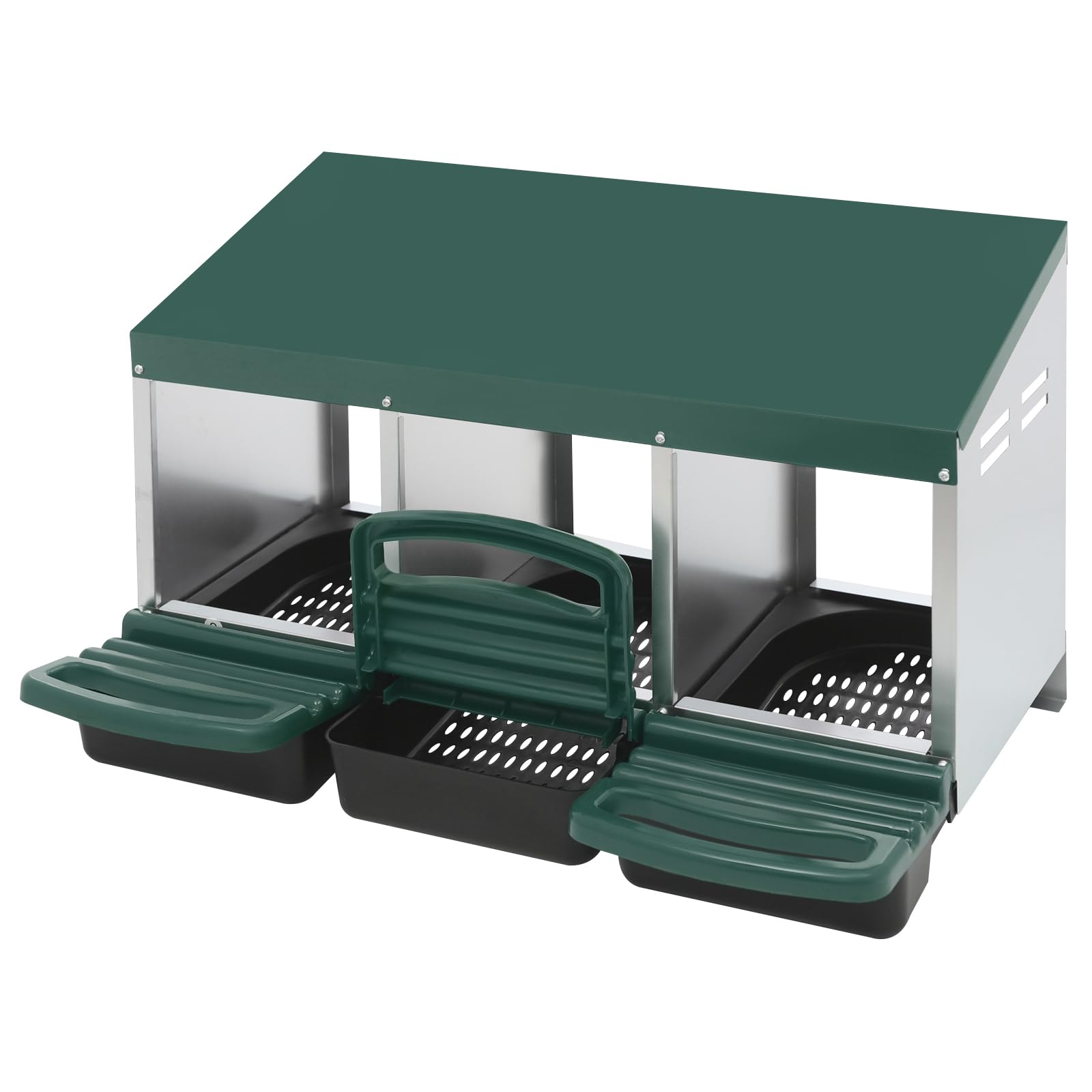 Nido per polli, 3 scomparti, con nido rotolabile per uova, zincato, con protezione per raccogliere le uova, montaggio a parete, 3 posti per stalla, con ventilazione (81 x 52 x 48 cm) (verde)