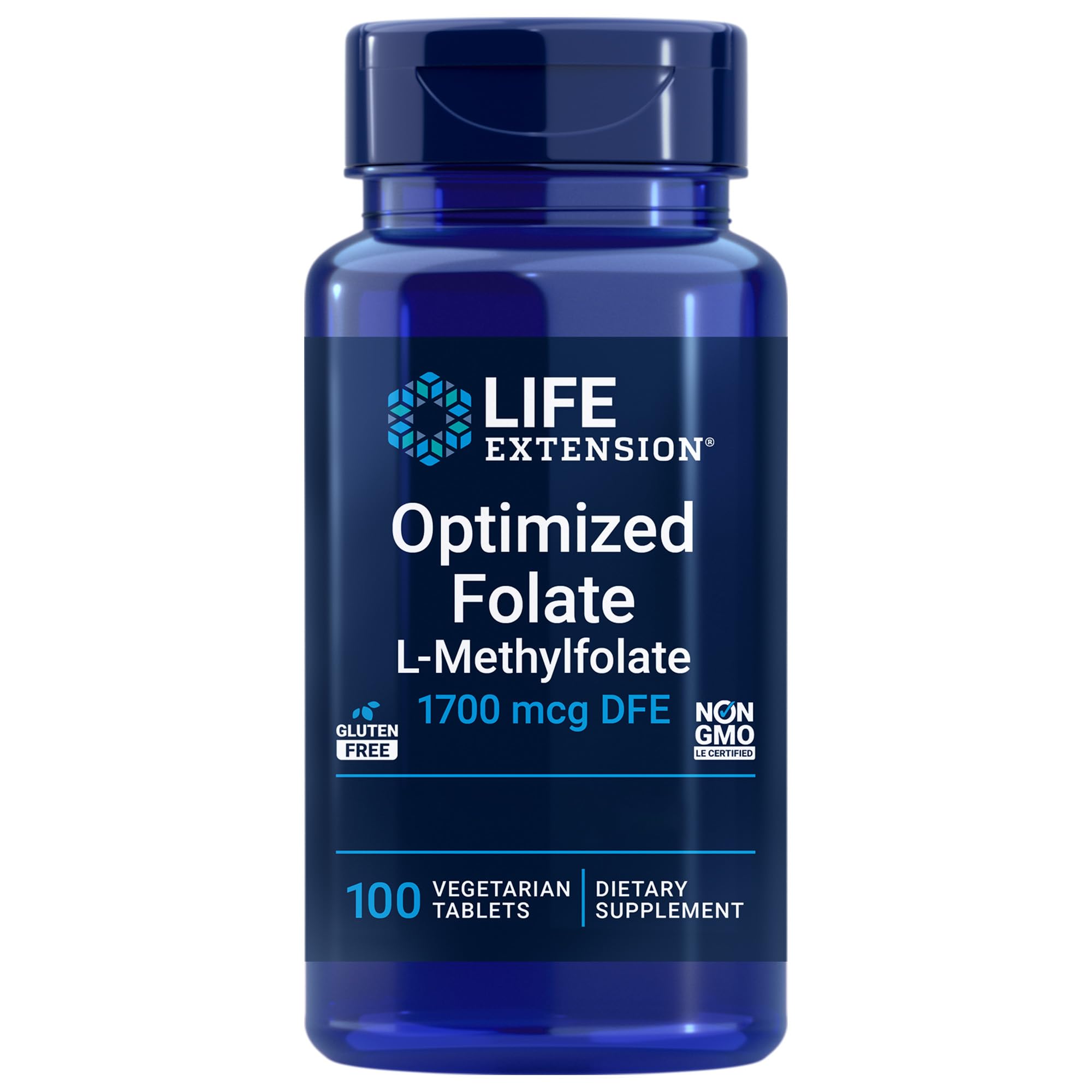 Life Extension, Optimized Folate, 5-MTHF, Hautement Dosé, 100 Comprimés végétaliens, Testé en Laboratoire, Végétarien, Sans Gluten, Sans Soja, Sans OGM