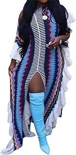 Women Cable Knit Sweater Dress Sexy Slit Ruffle Striped Crochet Fall Casual Party Maxi Dress - Buy now