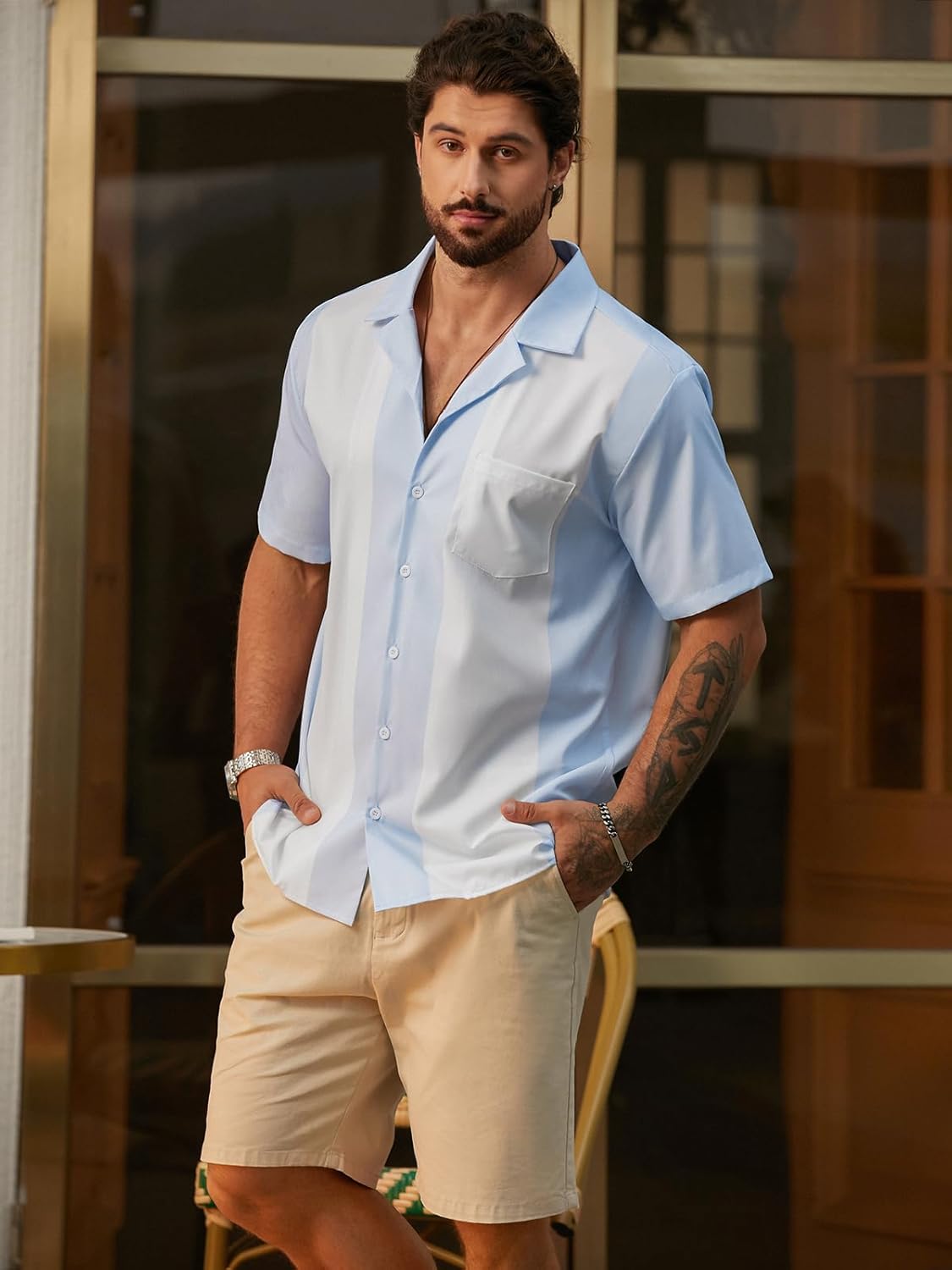 Hardaddy Men's Camp Collar Retro Vintage Bowling Button Down Shirt with Pocket Casual Short Sleeve Beach Shirts Summer Loose Fit White Blue 3XL - Image 3