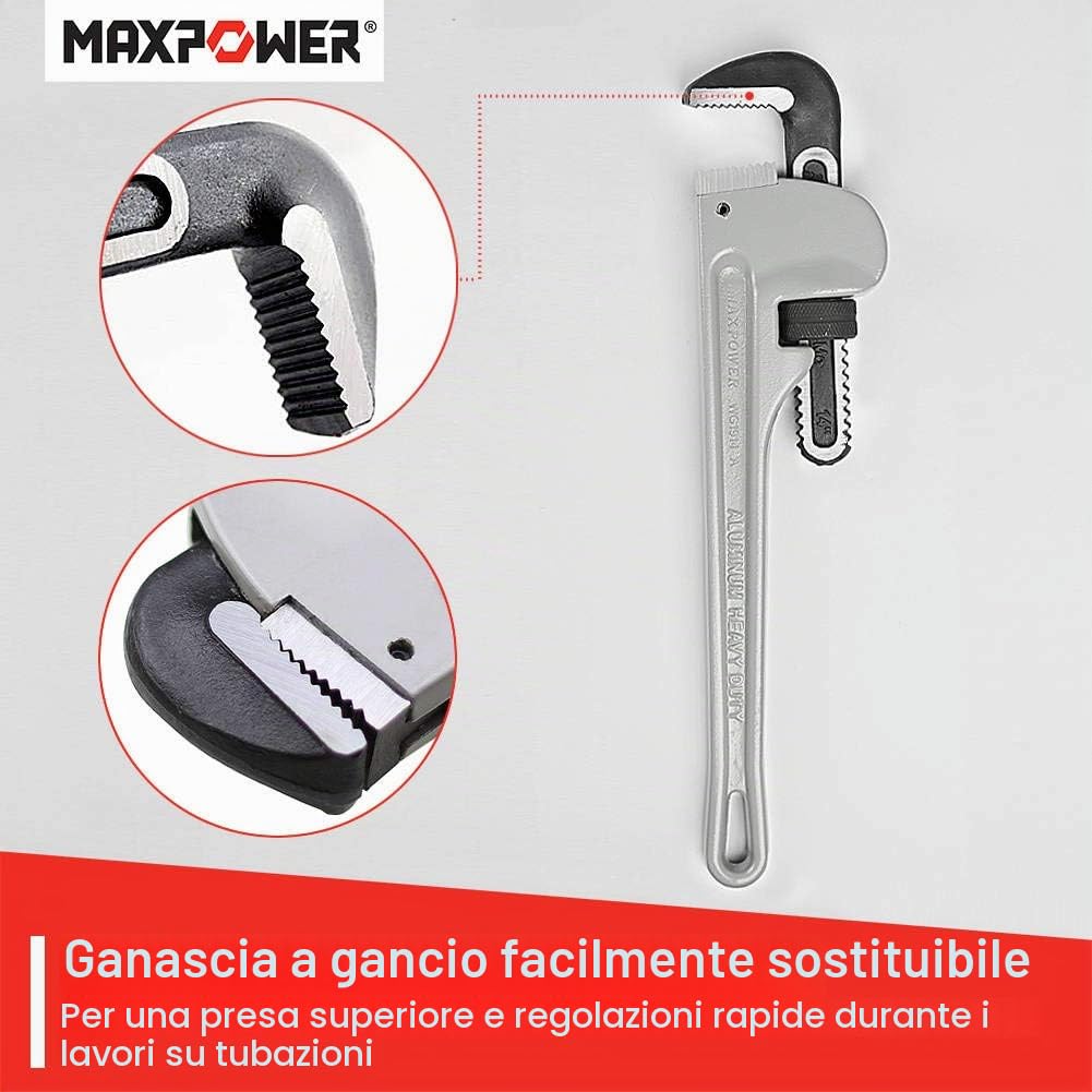 MaxPower Chiave per Tubi Dritta in Alluminio, Chiave per Idraulica da 35,5 cm, Diametro di Serraggio da 48mm