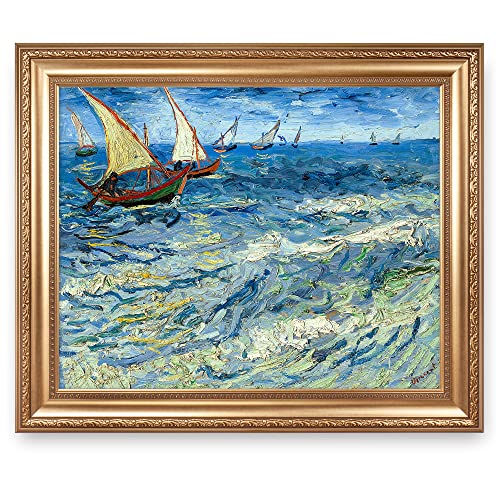 A&T ARTWORK Seascape at Saintes Maries 1888 Vincent Van Gogh.Framed Size:36x30 inches,Image Size:30x24 inches Van Gogh.World Classic Reproductions For HomeDecor,Wide Gold Embossing Frame