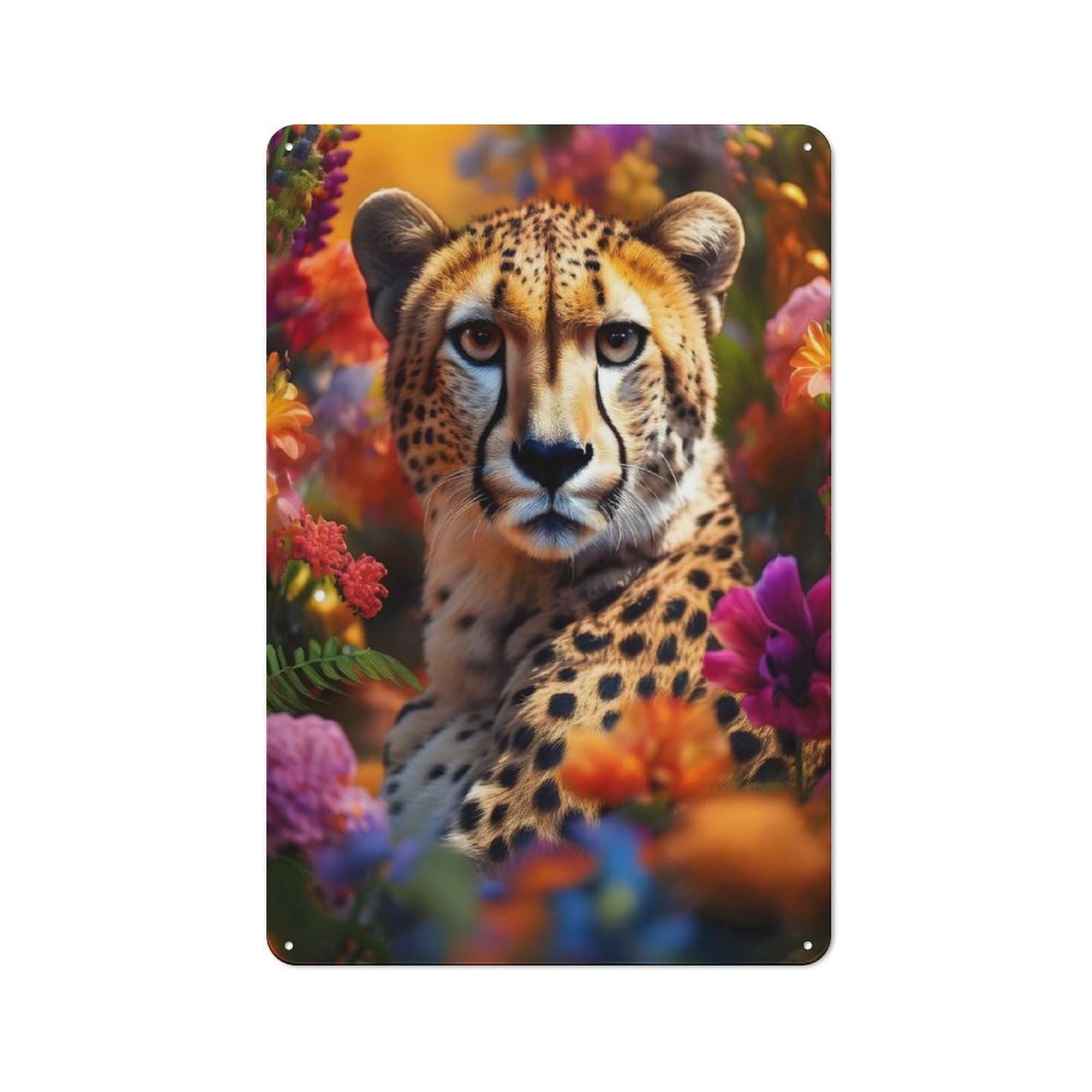 Cheetah in Flowers Rustic Metal Plaque 30x20cm for Guest Room Or Hallway, A Decorative Metal Sign for Guest Rooms And Hallways