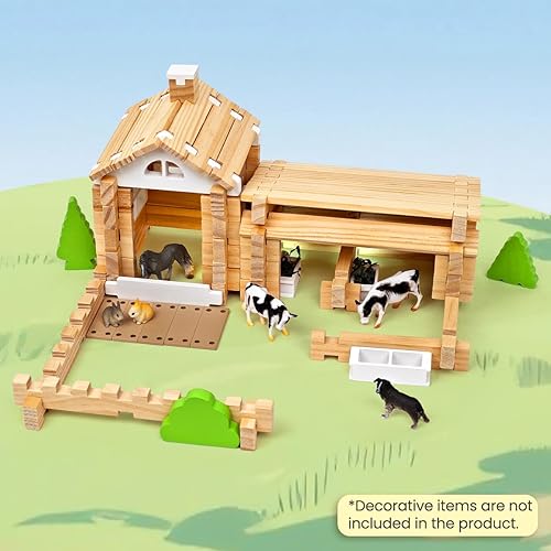 Miniatura 6 de Jovi-mindly &Notchies - 107 piezas de bloques de madera con puerta y ventanas, juguetes clásicos a la antigua, bloques de construcción de madera