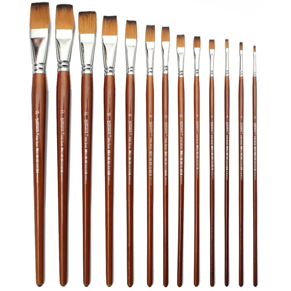 Image of Chrome Long Handle Synthetic Filbert Tip Artist Paint Brushes - 13 Piece Set (13pcs Flat Brush Set)