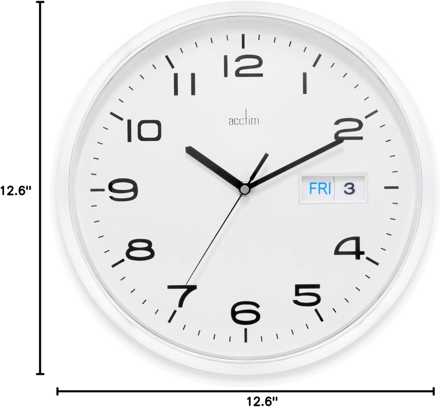 Acctim Calendar Wall Clock with dimensions indicated as 12.6 inches width and 12.6 inches height.
